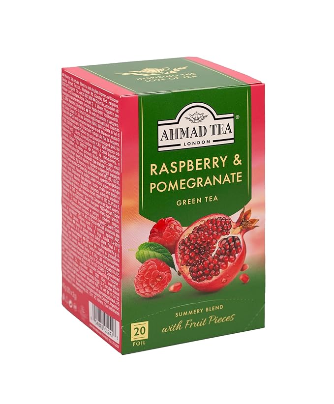 Ahmad Tea Foil-Enveloped Teabags Green Tea Raspberry &amp Pomegranate 20Count (Pack Of 6)