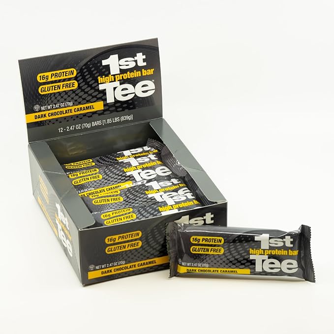 1st Tee High Protein Bar 12 Pack Golf Protein Energy Bars | High Protein and Delicious Dark Chocolate Caramel Flavor | Gluten Free Snack Bar| Including 16 grams of Protein and 3 grams of Sugar