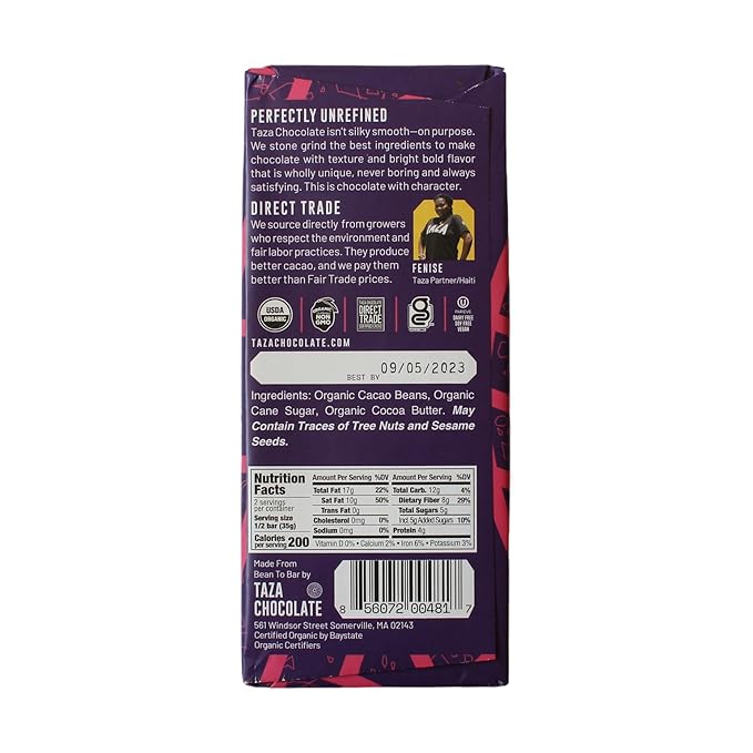 Taza Chocolate Organic Amaze Bar 87% Stone Ground Seriously Dark 2.5 Ounce (10 Count) Vegan