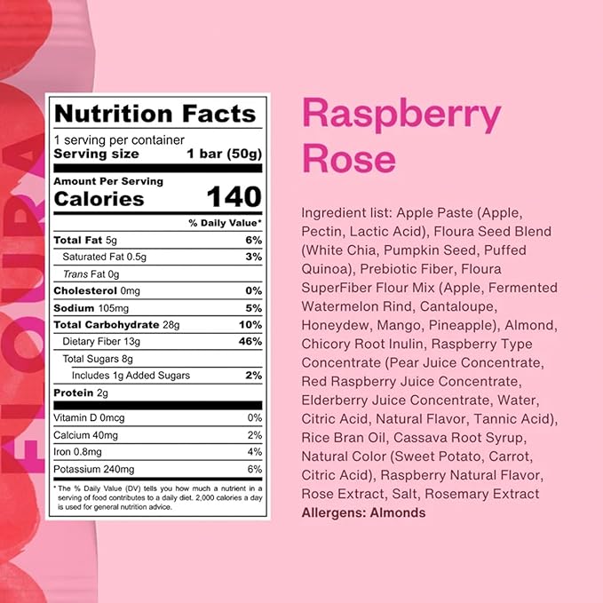 Floura Raspberry Rose Fruit-Forward Fiber Bars– High Fiber Vegan Gluten &amp Dairy Free Low Calorie Healthy Snack Bars with Upcycled Produce for Gut Health [10 Pack]