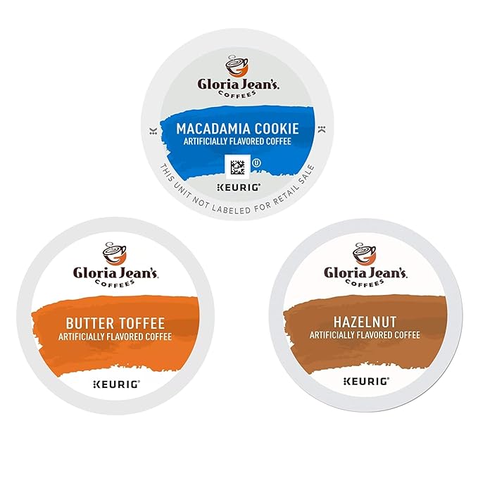 Gloria Jean's K-Cups Coffee Pods Variety Pack - Macadamia Cookie Butter Toffee Hazelnut (72 Count 24 Ct Each Medium Roast Keurig Kosher)