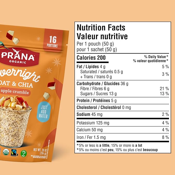 Prana Organic Overnight Chia with Oats Apple Crumble | Rich in Fiber &amp Protein Vegan Non-GMO | Ready to Eat Breakfast - 28 oz Bags - 2 Pack
