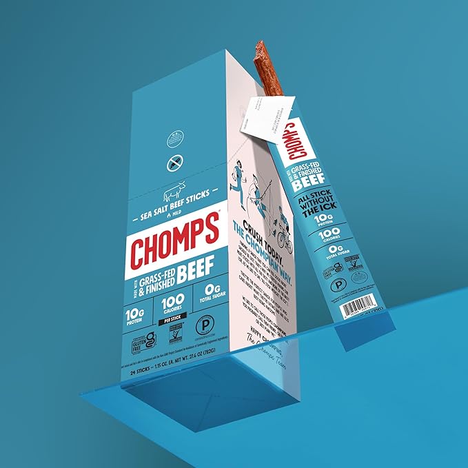 CHOMPS Grass Fed Sea Salt Beef Jerky Snack Sticks Keto Whole30 Paleo Gluten Free Sugar Free Low Carb AIP Diet Compliant 1.15 Oz Pack of 24