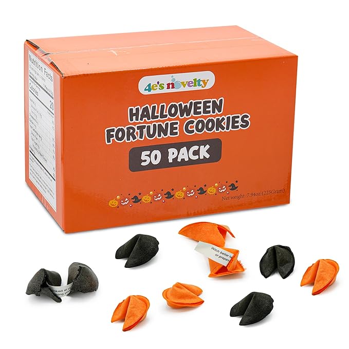 4E's Novelty Halloween Fortune Cookies Bulk - 50 Individually Wrapped with 50 Funny &amp Scary Fortune Cookies Sayings for Kids &amp Adults Trick-or-Treat Perfect for Halloween Party