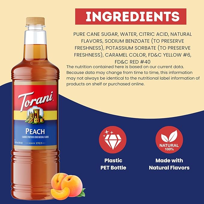 Torani Peach Syrup 1 Liter Bottle with Pump – Premium Drink Flavoring Made with Pure Cane Sugar &amp Natural Flavors for Lemonades Teas Cocktails Mocktails &amp Desserts – Sweet Juicy Peach Sweet