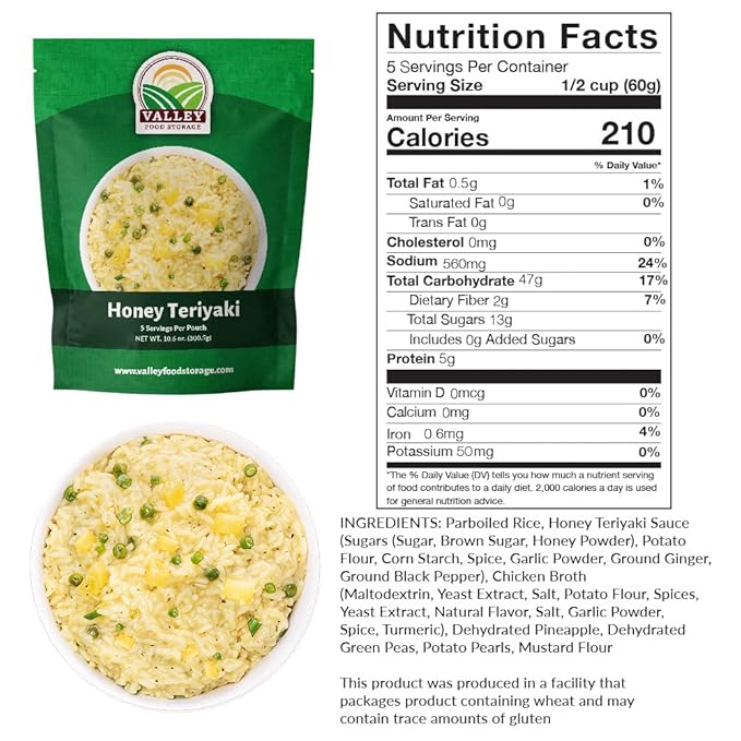 Valley Food Storage Honey Teriyaki Rice | 10-Bag Bucket 50 Servings | Non-GMO Premium Emergency Food Supply 25 Year Shelf Life | Survival Meal Kits Prepper Food &amp Off-Grid Living Supplies Pack