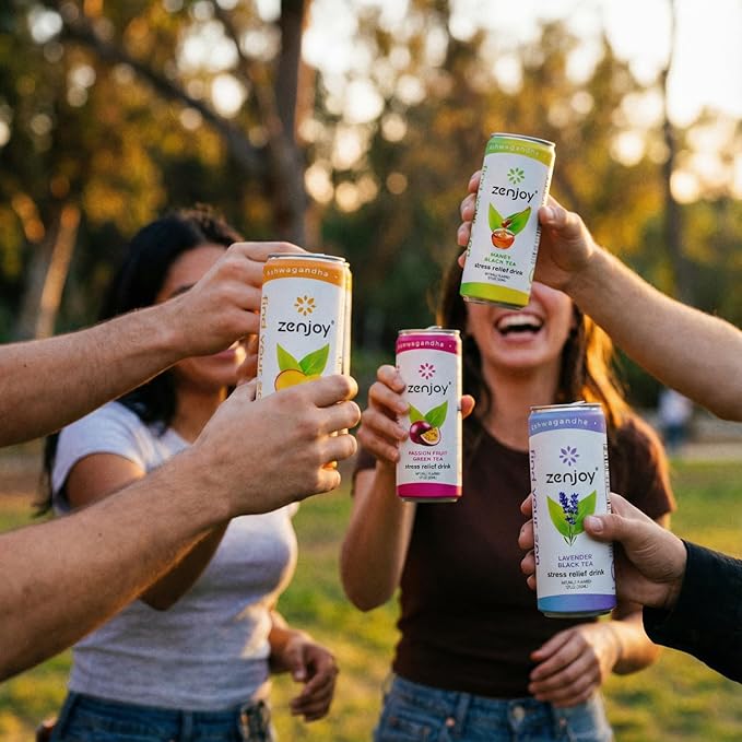 Zenjoy Stress Relief Drink Calming Green Tea &amp Black Tea Non Alcoholic Ashwagandha &amp Lemon Balm for Stress Relief L - Theanine (Variety) (12 Pack)