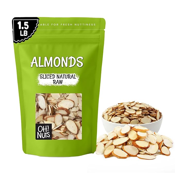 Oh! Nuts Raw Natural Sliced Almonds - 100% Natural - Sliced Almonds - 1.5 lb - Almonds Raw - Packed in New York Zip-Seal Bag for Exceptional Freshness