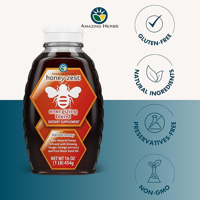 Amazing Herbs Raw Natural Honey - Herbal Honey Infused with Ginseng Ginger Ginkgo Extracts &amp Pure Black Seed Oil Non GMO Gluten Free Immune Booster - Honeyzest Energizing Blend 16 Fl Oz
