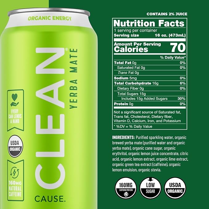 CLEAN Cause Low Calorie Variety Pack Yerba Mate Tea Sparkling USDA Organic Energy Drink Alternative Low Sugar 160mg Natural Caffeine Soda Alternative Plant-Based (16oz cans 12-Pack Case 4 Flavo