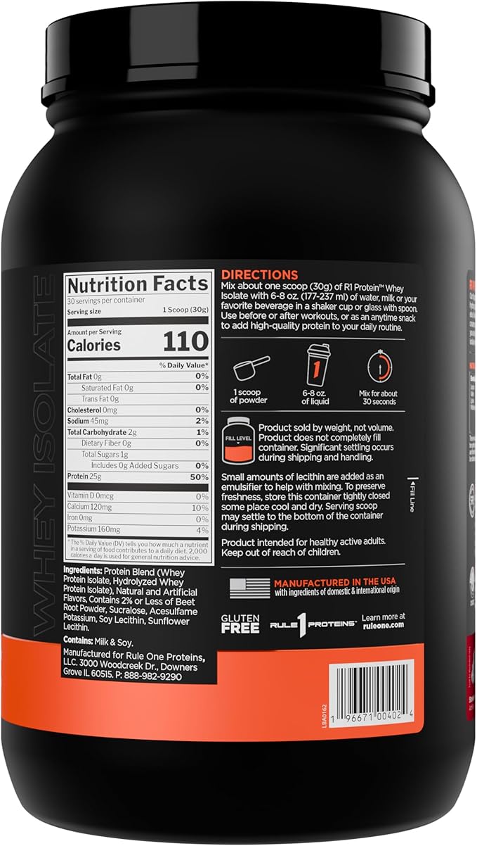 Rule 1 Proteins R1 Protein Whey Isolate - with 25g Protein &amp 6g BCAA Exclusively from Isolated &amp Hydrolyzed Sources for Workout Recovery (2 Pounds Strawberries &amp Crème)