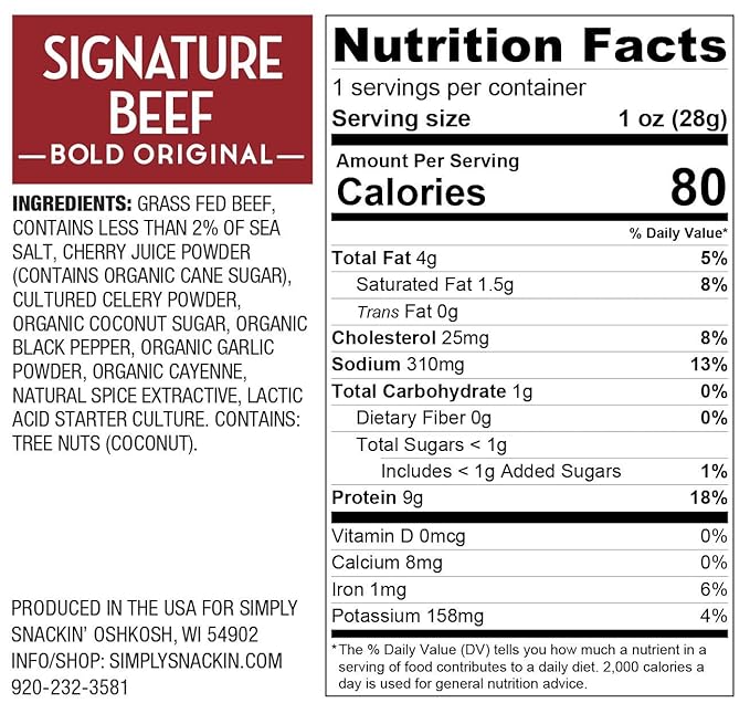 Simply Snackin' - Dried Grass Fed Beef Snacks High Protein Low Calorie Low Sugar Low Carb Low Fat Gluten Free 20 Serving Pack (Signature Beef Bold Original)