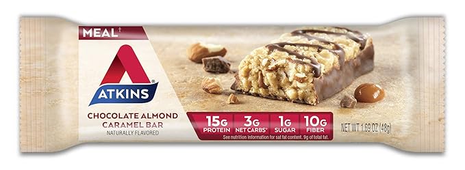 Atkins Chocolate Almond Caramel Protein Meal Bar High Fiber 15g Protein 1g Sugar 3g Net Carbs Meal Replacement Keto Friendly 8 Count