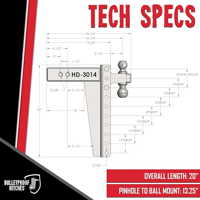 BulletProof Hitches - 3.0 Adjustable Heavy Duty Trailer Hitch (22000 lb. Rating) - 14 Drop/Rise Trailer Hitch with 2 &amp 2-5/16 Dual Ball - Powder Coat Solid Steel Corrosion-Resistant