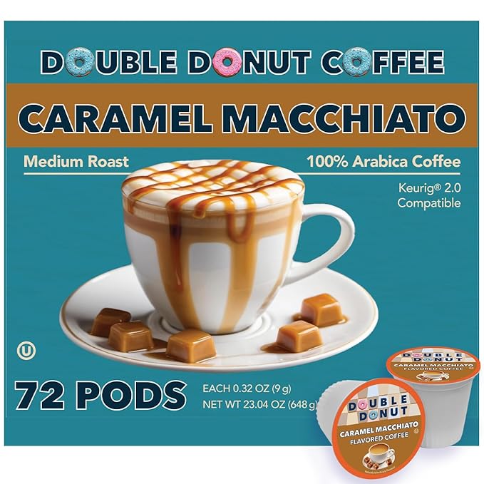 Double Donut Coffee Caramel Macchiato Flavored Coffee PodsMedium Roast Coffee Compatible with Keurig K Cups Brewers 72 Count