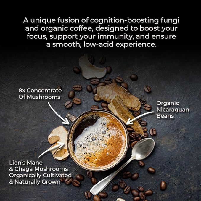 Lifeboost Cognition Adaptogenic Mushroom Coffee - Great Tasting Organic Lions Mane &amp Chaga Medium Roast Nootropic Coffee - Increase Energy Boost Focus &amp Immune Support - 12 oz Bag - Ground