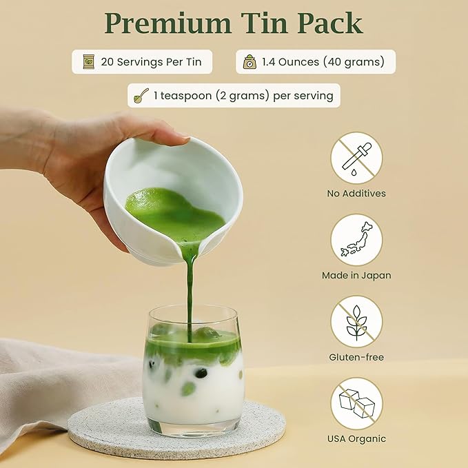 BENBU Matcha Powder - USDA Organic Ceremonial Grade First Harvest Stone-Milled in Japan Authentic Japanese Green Tea No Additives 1.4 oz (40g) Tin