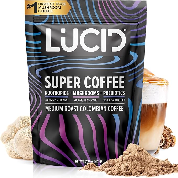 Lucid Superfood Organic Mushroom Coffee with Nootropics - Lion's Mane Tremella Cordyceps &amp Turkey Tail - Instant Mushroom Coffee Focus Brain Health - Alpha GPC L-Theanine Ginko Biloba - USA Ma