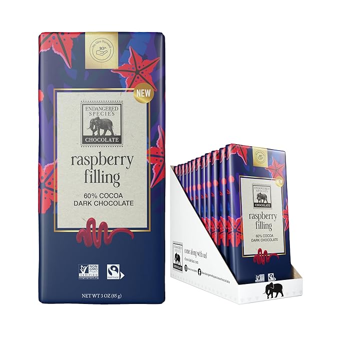 Endangered Species 60% Cocoa Raspberry Filling Dark Chocolate Bar Non GMO 3 Ounces (Pack Of 12)