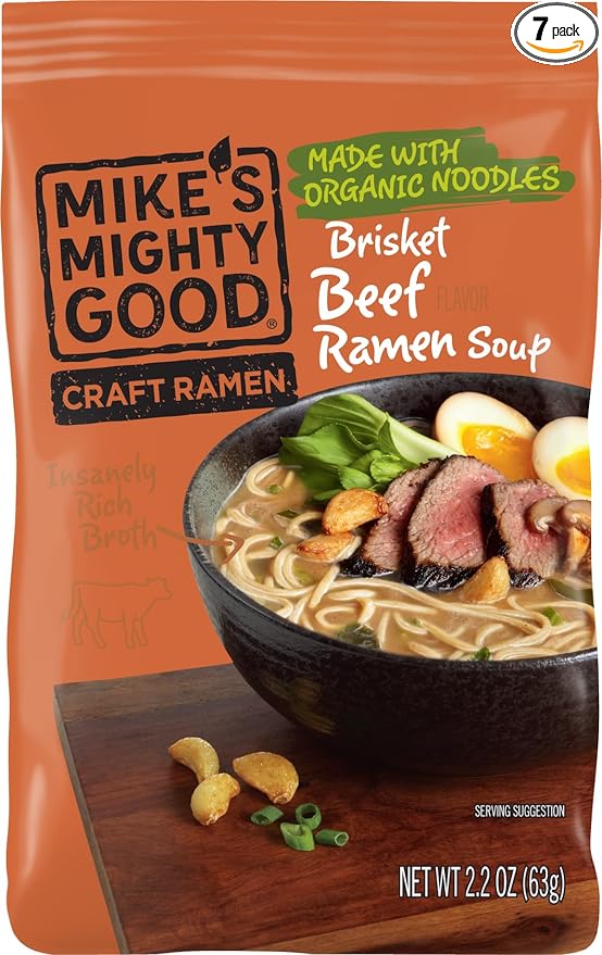 Mike's Mighty Good Pillow Pack with Beef Brisket Ramen Soup Organic Hearty Instant Noodles Flavorful Quick Meal Rich Savory Broth Artisanal Crafted Quick to Prepare 2.1 Oz. (Pack of 7)