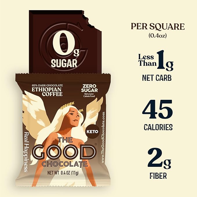The Good Chocolate - Keto Dark Chocolate Coffee Squares Zero Sugar Lower Net Carb Snack Lower Calorie Vegan Chocolate Candy 24 Square Family Pack