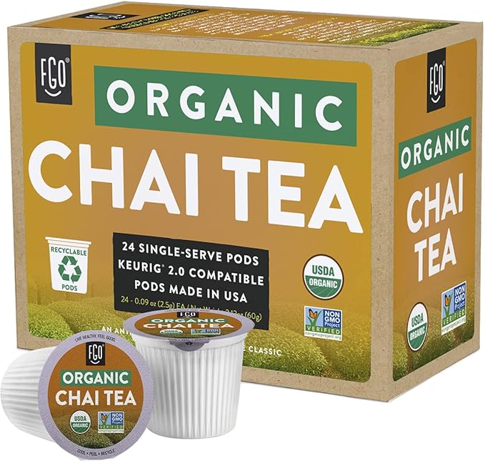 FGO Organic Chai Black Tea K-Cup Pods for Keurig 24 Count (Pack of 1) Premium Black Tea with Chai Spice is USDA Organic Non-GMO &amp Recyclable with Naturally Occurring Caffeine