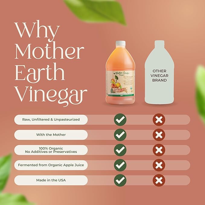 Mother Earth Organic Apple Cider Vinegar with The Mother Half Gallon Fresh Pressed Organic Apples OACV ACV Raw Unpasteurized Unfiltered (1/64oz Bottle)