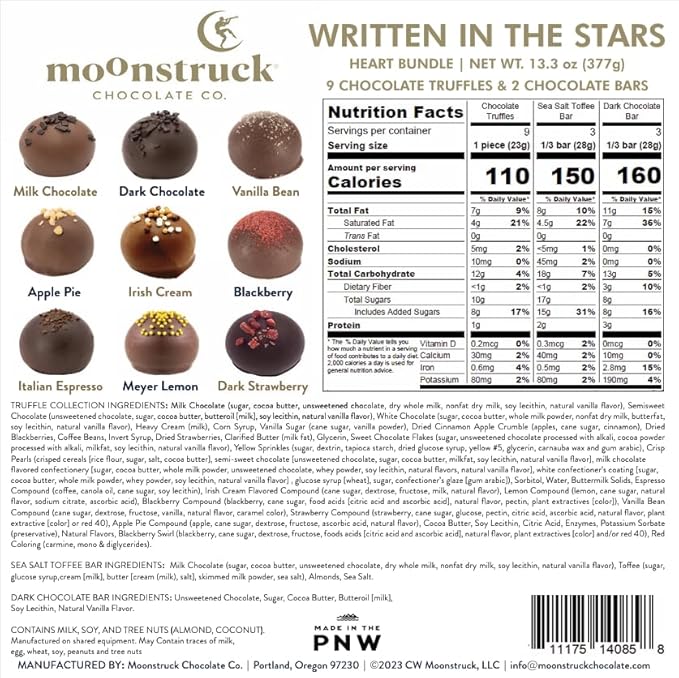 Moonstruck Chocolate Written in the Stars Valentine's Day Gift Box – 9 Truffles &amp 2 Chocolate Bars Premium Chocolate Bundle for Loved Ones