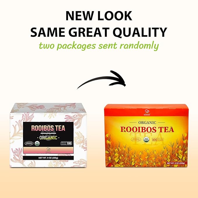 Soeos Organic Rooibos Tea 100 Teabags Naturally Caffeine Free USDA and Non GMO Certify Smooth and Robust Flavor Excellent for Hot or Iced Brew 9oz (250g)