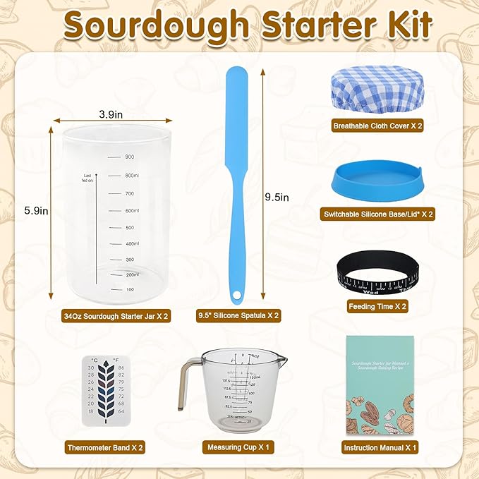 34oz Sourdough Starter Jar KitWide Mouth Sourdough Starter Container with Feeding Tracking Band Silicone Spatula&ampSourdough Starter Kit-Baking Supplies(2 pack). (Blue)