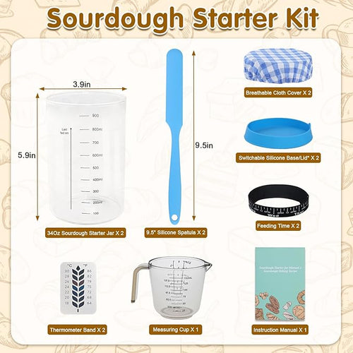 34oz Sourdough Starter Jar KitWide Mouth Sourdough Starter Container with Feeding Tracking Band Silicone Spatula&ampSourdough Starter Kit-Baking Supplies(2 pack). (Blue)