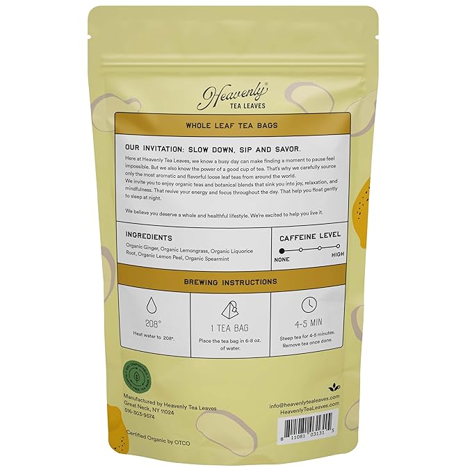 Heavenly Tea Leaves Organic Lemon Ginger (50 Pyramid Tea Bags) 100% Plastic Free Bulk Compostable Herbal Tea Sachet - Premium Quality Whole Tea Leaves in a Convenient Tea Bag