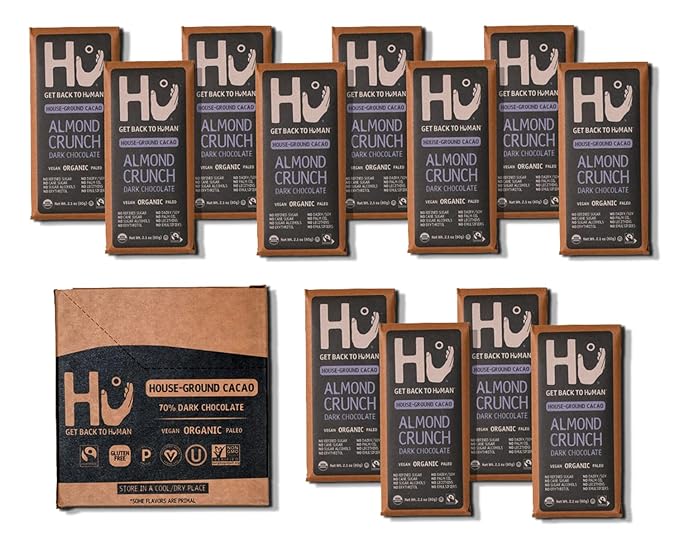 Hu Chocolate Bars | 12 Pack Almond Crunch Chocolate | Natural Organic Vegan Gluten Free Paleo Non GMO Fair Trade Dark Chocolate | 2.1oz Each