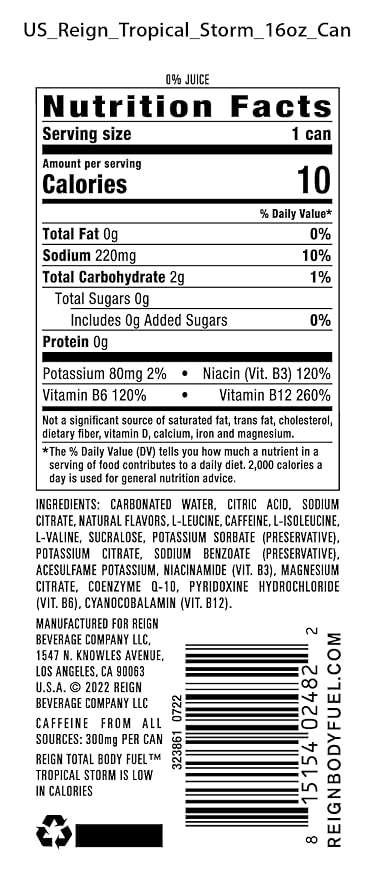 REIGN Total Body Fuel Tropical Storm Fitness &amp Performance Drink 16 Fl Oz (Pack of 12)