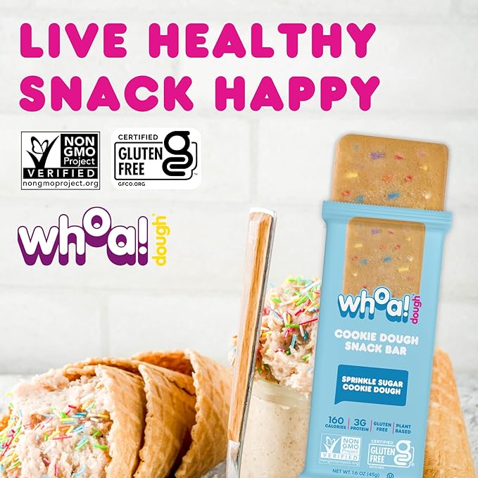 Whoa Dough Edible Cookie Dough Bars- Certified Non-GMO Kosher and Gluten Free Bars - Healthy Snack Foods - Plant Based Snacks Made With Real Ingredients - Sprinkle Sugar Cookie Dough - 4 Pack