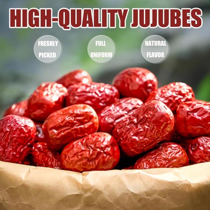 Premium Jujube Date 1LB/453gChinese Red Date Organic 红枣 100% Natural Sweet and Chewy Health Snack Dried Jujube for Snacking Tea Soup Baking or Oatmeal