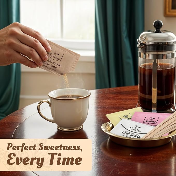 Sweetmo Sugar Packets Variety Pack - Sucralose Raw Sugar Saccharin Cane Sugar with Wooden Stirrers - 300 Count for Coffee Tea Office Breakrooms Home &amp Airbnb
