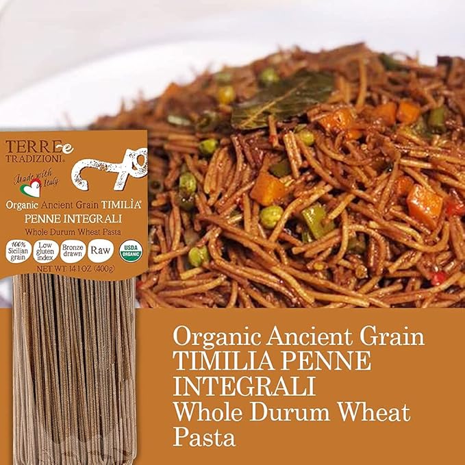Terre e Tradizioni 3 PACKS ORGANIC ITALIAN WHOLE DURUM WHEAT SPAGHETTI PASTA – Sicilian Ancient Grain Timilia Vegan Pasta. LOW-GLUTEN INDEX Farm Fresh Pasta imported from Sicily Italy