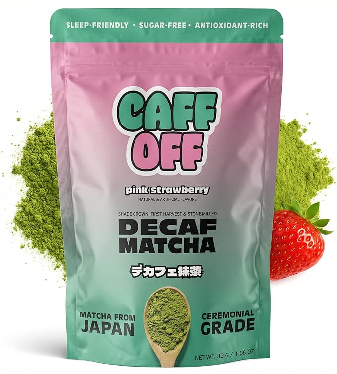 Caff Off Decaf Strawberry Matcha Green Tea Powder From Japan – 1.06 oz / 30 g – Ceremonial Grade &amp Sugar-Free – No Fillers or Milk Powders – Naturally Decaffeinated Without Chemicals – Tested for