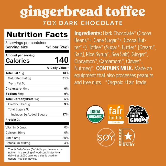Theo Chocolate Holiday Gingerbread Toffee Organic Dark Chocolate Bar 70% Cacao 6 Pack | Fair Trade