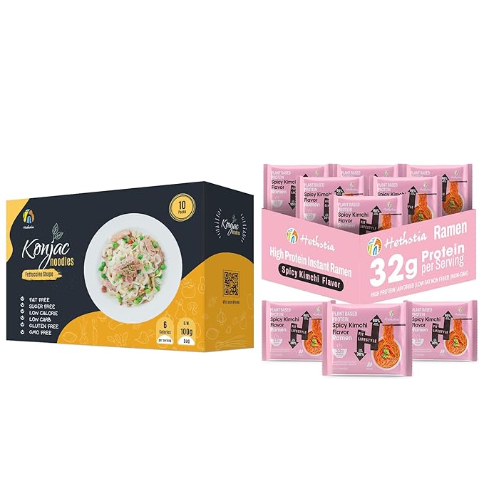 Hethstia Konjac Fettuccine &amp Plant Protein Kimchi Ramen Bundle – Vegan Low Calorie Pasta + High Protein Ramen – 10 Fettuccine + 6 Ramen Packs