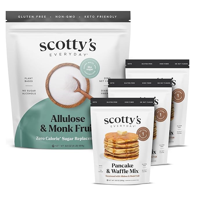 Keto Pancake &amp Waffle 1g Carb Mix 9.8oz 3-Pack and Allulose &amp Monk Fruit Zero Calorie Sugar Replacement 4lb Bundle