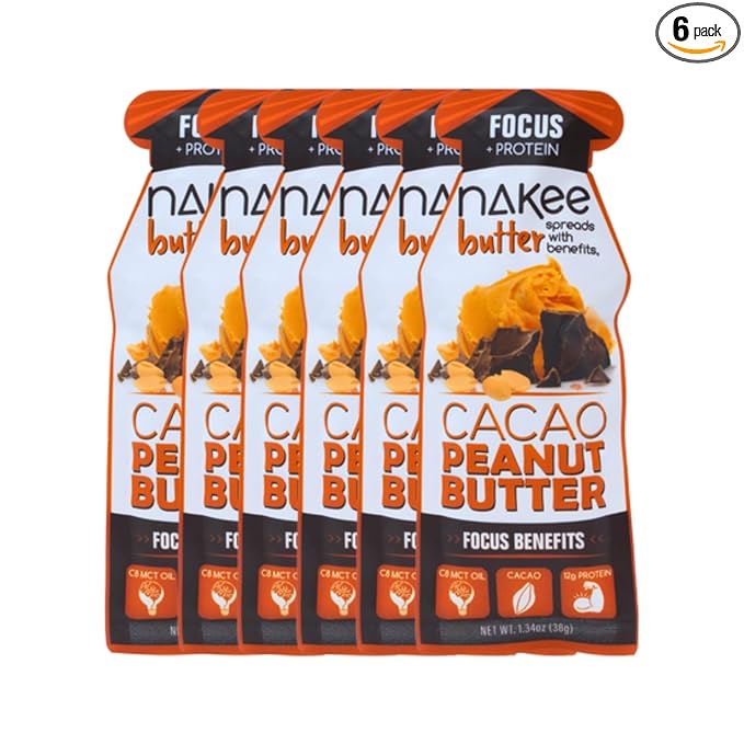 Nakee Butter Focus Cacao Peanut Butter - Gluten-Free Keto Low-Carb High-Protein with C8 MCT Oil 6 Pack