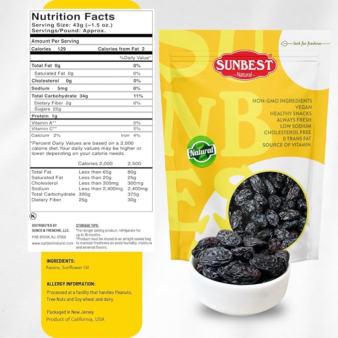 Sunbest Natural - Black Jumbo Raisins Seedless 10 lbs | Rich in Healthful Nutrients &amp Dietary Fiber | On-The-Go Snacking Toppings Baking and Cooking | Non-GMO | Vegan |Kosher| Resealable bag