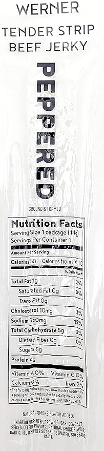 Werner Tender Beef Jerky Strips - Pack of 18 Individually Wrapped Beef Jerky Strips - Made in the USA (Peppered)