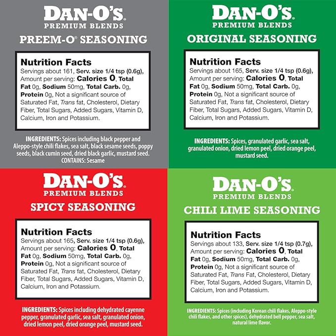 Dan-O's Taste of Summer” Small Seasoning 4 pack - Spicy (3.5 oz) Original (3.5 oz) Preem-O (3.4 oz) Chili Lime (3.3 oz)