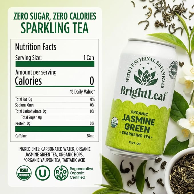 BrightLeaf Jasmine Green Sparkling Tea with Functional Benefits For Focus – Regenerative Organic Lightly Caffeinated Zero Sugar Zero Calories Zero Sweeteners – 12oz Cans 12-Pack – Craft-Brewed wi