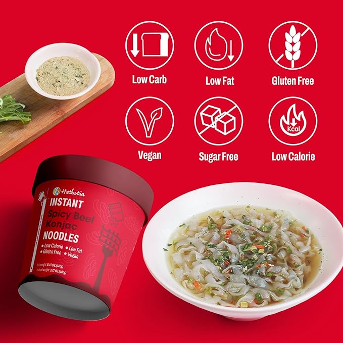 Hethstia Konjac Noodle Spicy Beef Soup 6-Pack Instant Shirataki Pho Soup Cup Low-Calorie 34.32 oz Konjac Pho Pasta Spicy Beef Broth Sugar-Free Low-Carb Gluten-Free Vegan Healthy Asian Meal
