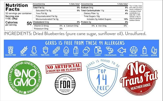 Gerbs Dried Sweetened Blueberries 2 lbs. | Unsulfured No Artificial Additives Resealable Bag | Naturally Sweet &amp Tart | Top 14 Allergen-Free