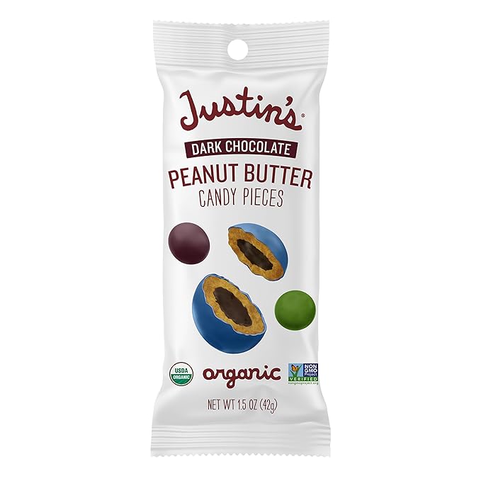 Justin's Dark Chocolate Peanut Butter Candy Pieces 12pk of 1.5oz bags Organic Gluten Free Non-GMO Responsibly Source Rainforest Alliance Certified Cocoa